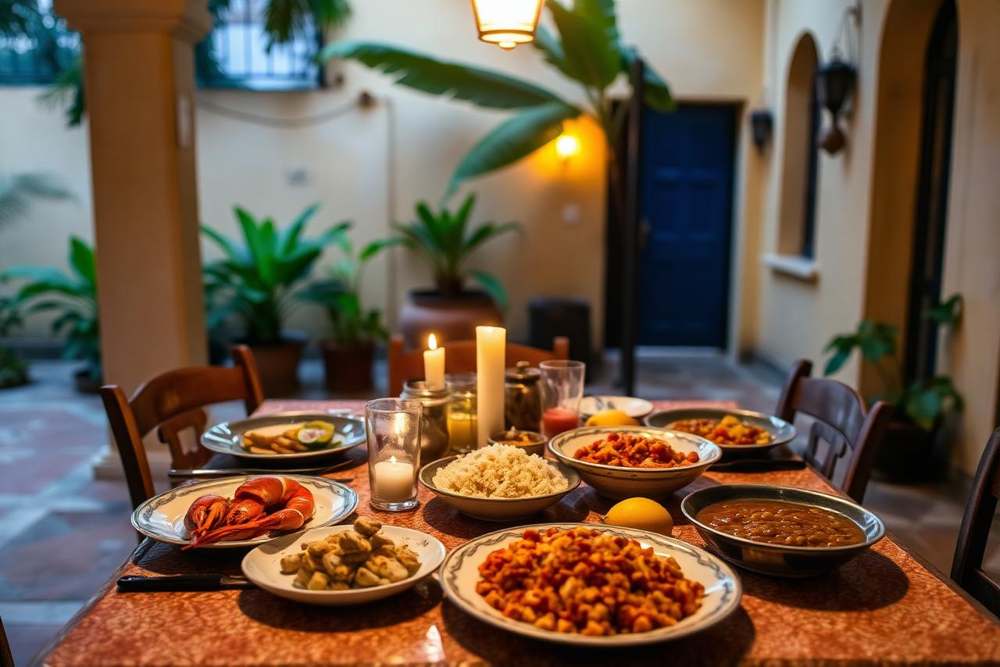 Tavola con cena cubana nel patio della casa