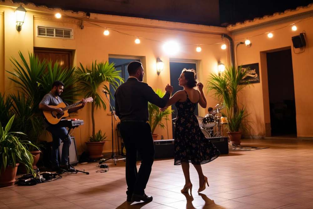 Musicisti e coppia che balla salsa a Trinidad